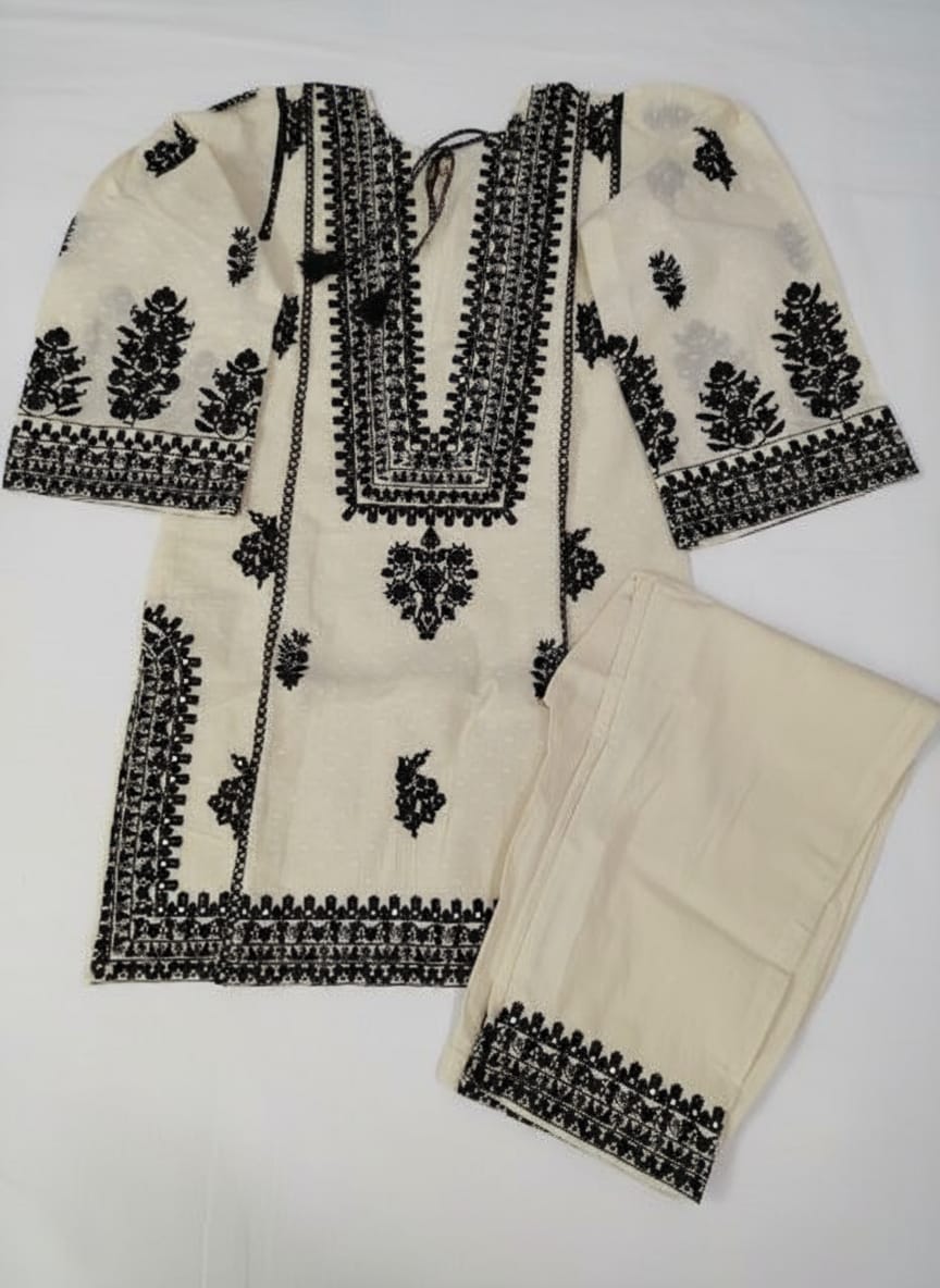 Beautiful Off White And Black Cotton Embroidered  Co Ord Set
