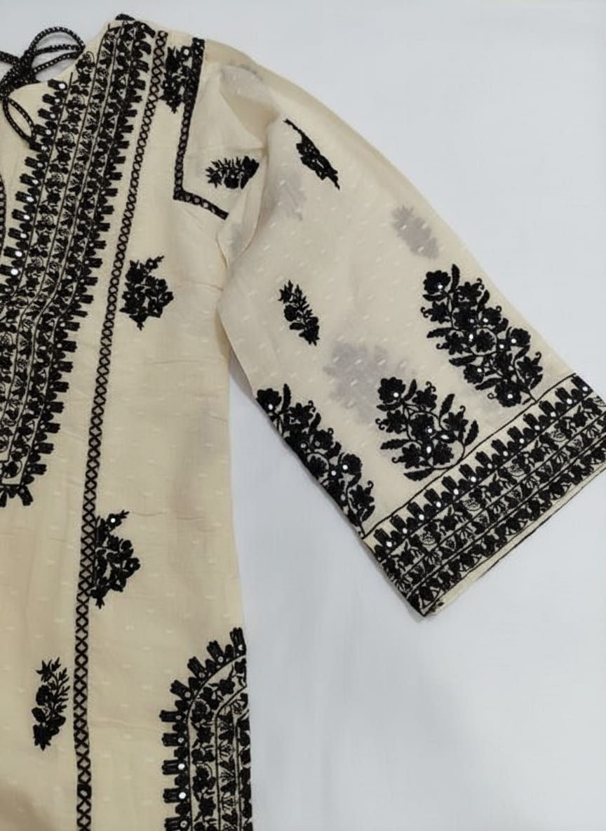 Beautiful Off White And Black Cotton Embroidered  Co Ord Set