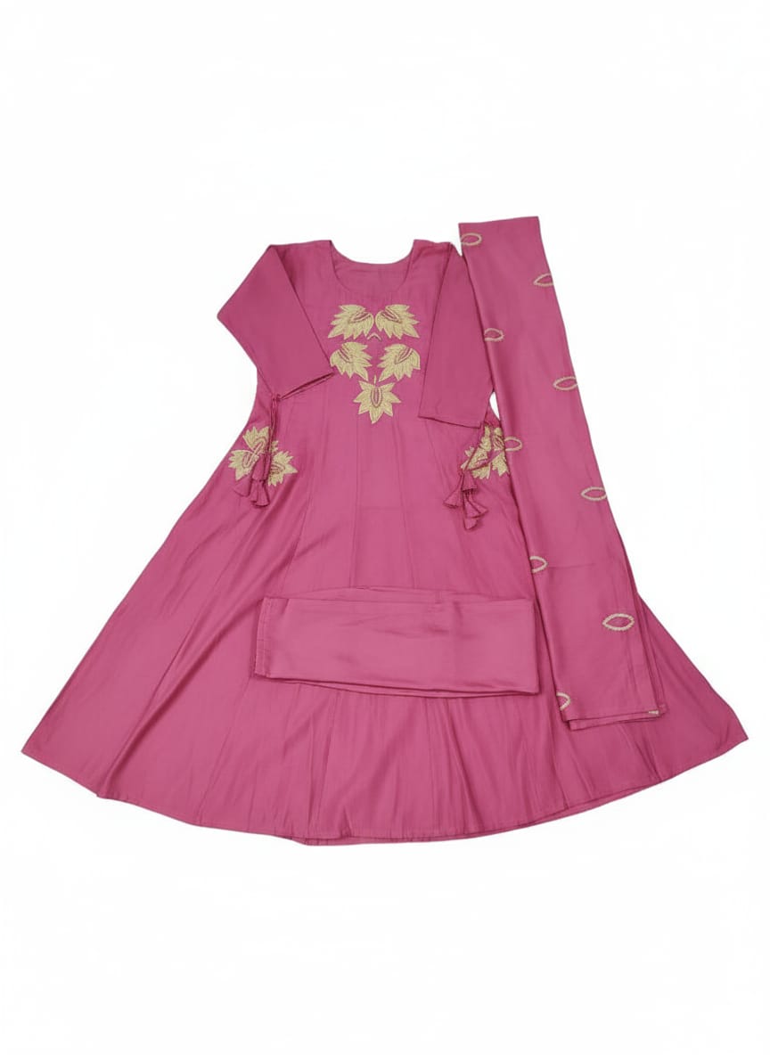 Pritty Pink Roman Silk A-Line Kurta Set