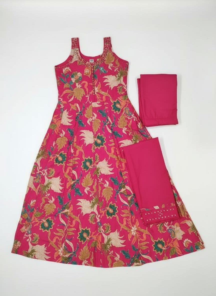 Sleevless Fuchia Pink Anarkali Kurta Set