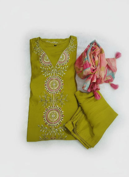 Rich Olive Green Embroidered Kurta Set