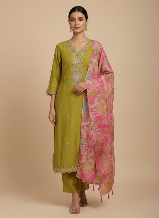 Rich Olive Green Embroidered Kurta Set
