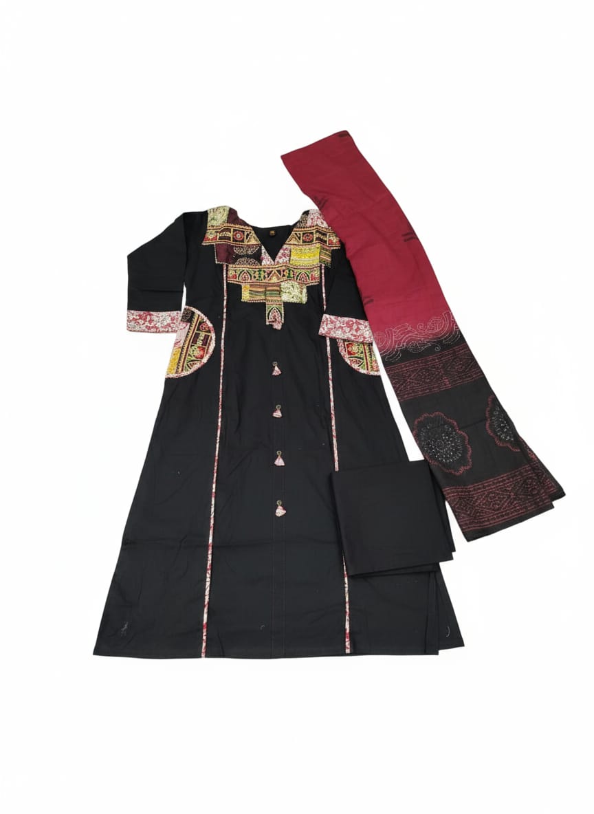 Stunning Black with Ajrakh printed Pure Cotton Detailing Kurta Set