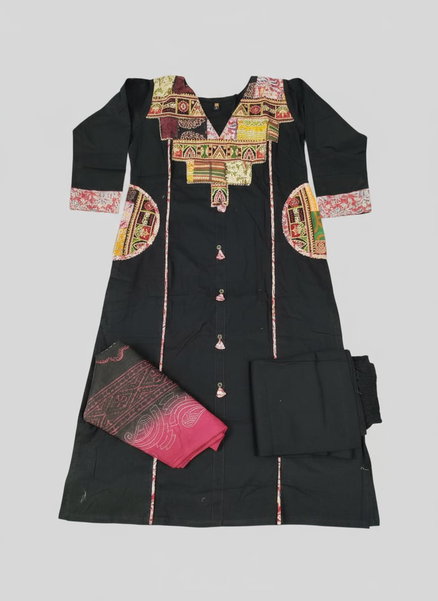 Stunning Black with Ajrakh printed Pure Cotton Detailing Kurta Set