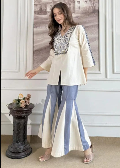 Contemporary Denim And White Embroidered Co Ord Set