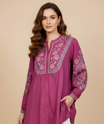 Beautiful Fuchsia Pink Embroidered Short Kurti