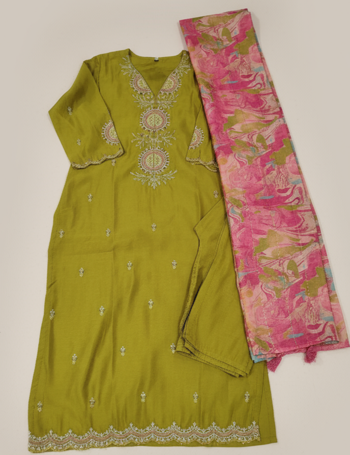 Rich Olive Green Embroidered Kurta Set