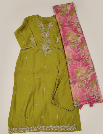 Rich Olive Green Embroidered Kurta Set