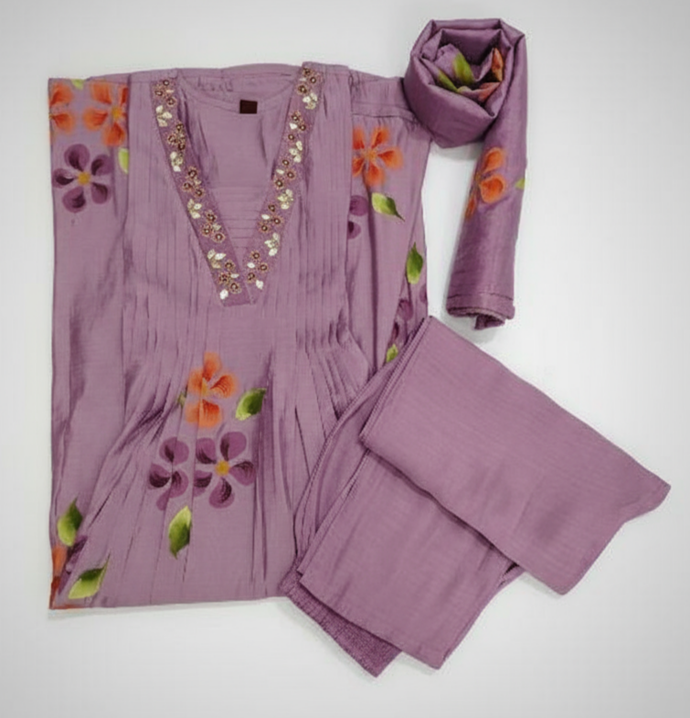 Lovely Lilac A-Line Roman Silk Hand Painted Kurta Set