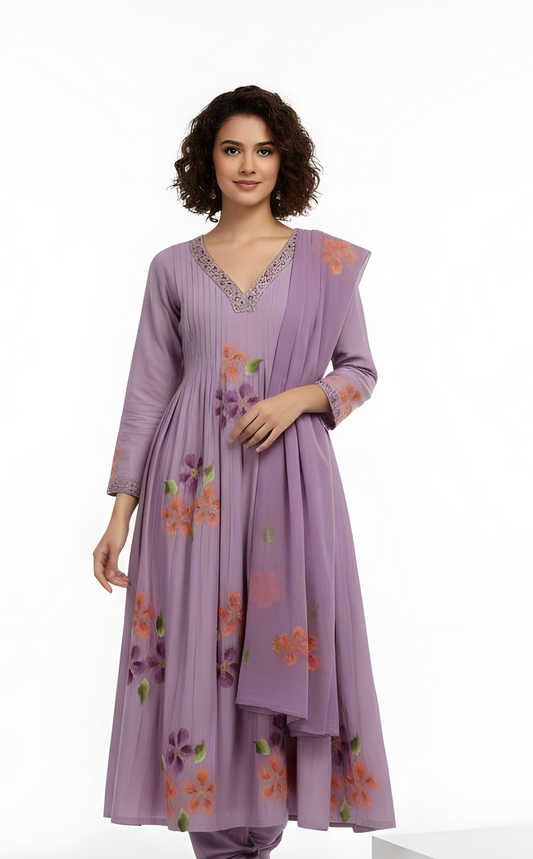 Lovely Lilac A-Line Roman Silk Hand Painted Kurta Set