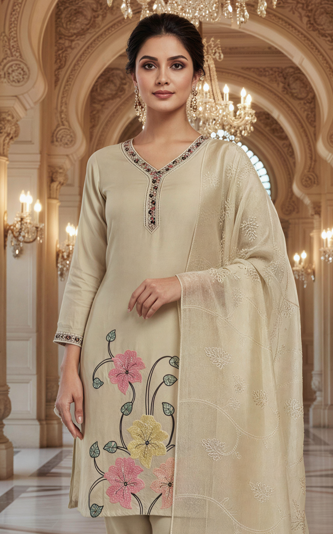 Beautiful Beige Cotton Embroidered Kurta Set