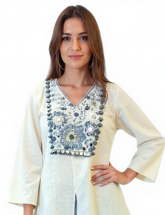 Contemporary Denim And White Embroidered Co Ord Set