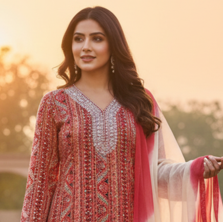 Rayon Red Printed Kurta Set