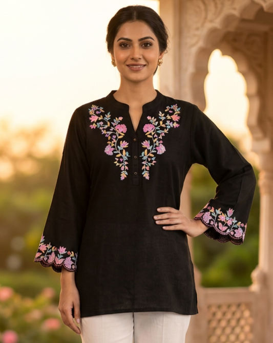 Linen Embroidered Black Kurti