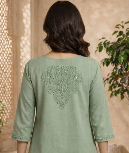 Linen Embroidered Green Short Kurti