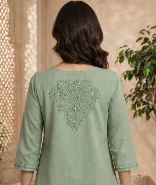 Linen Embroidered Green Short Kurti
