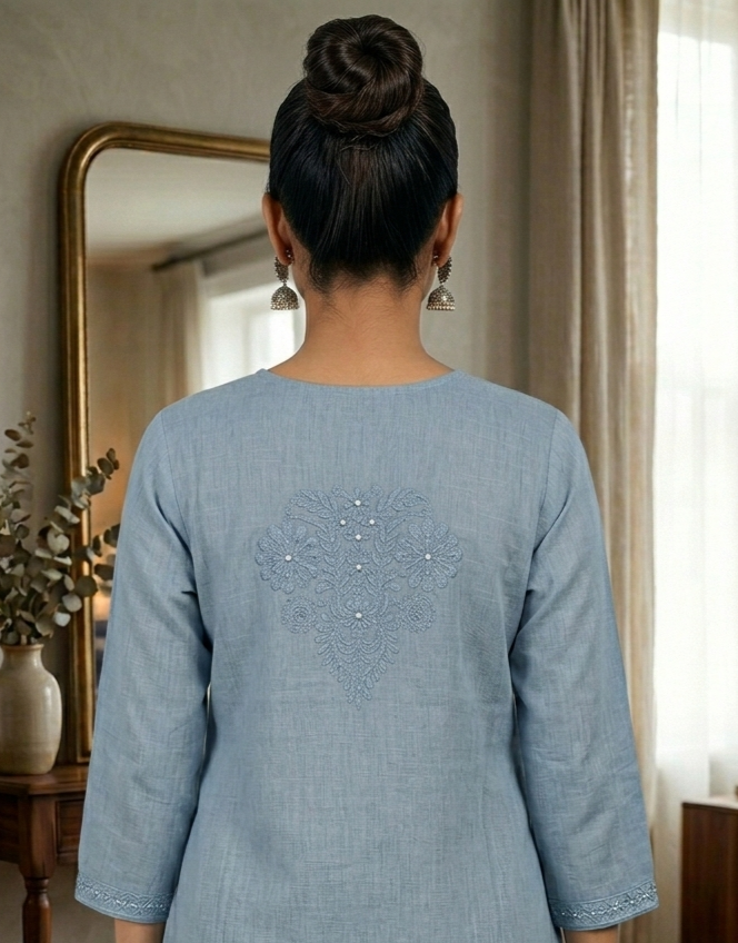 Linen Embroidered Powder Blue Short Kurti