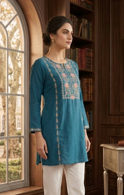 Viscose Soft Embroidered Blue Short Kurti