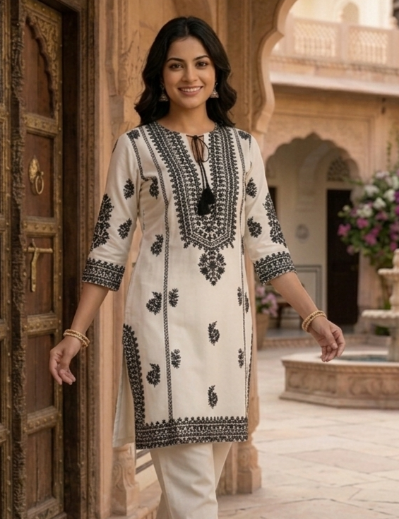 Beautiful Off White And Black Cotton Embroidered  Co Ord Set