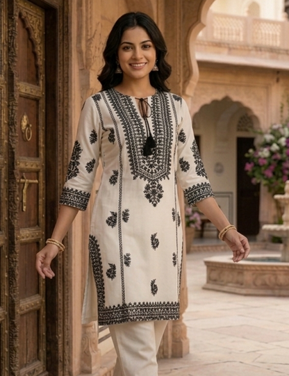 Beautiful Off White And Black Cotton Embroidered  Co Ord Set