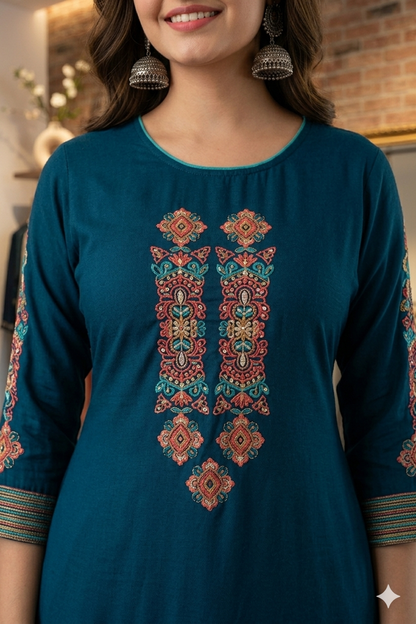 Teal Embroidered Kurta With Skirt