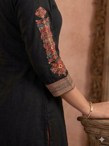 Black Embroidered Kurta With Skirt