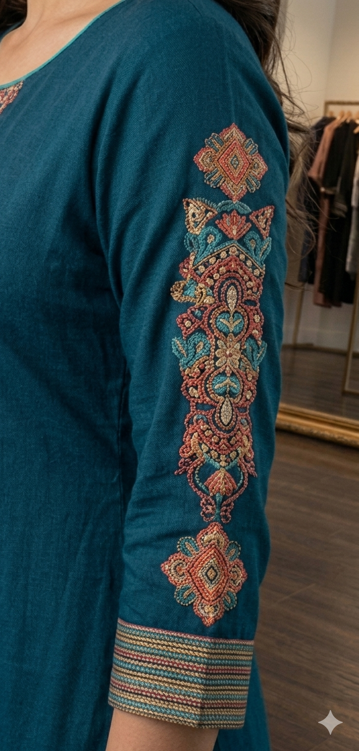 Teal Embroidered Kurta With Skirt