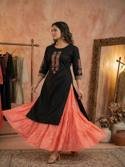 Black Embroidered Kurta With Skirt