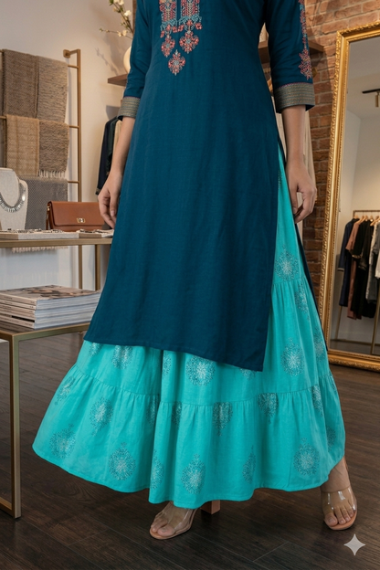 Teal Embroidered Kurta With Skirt