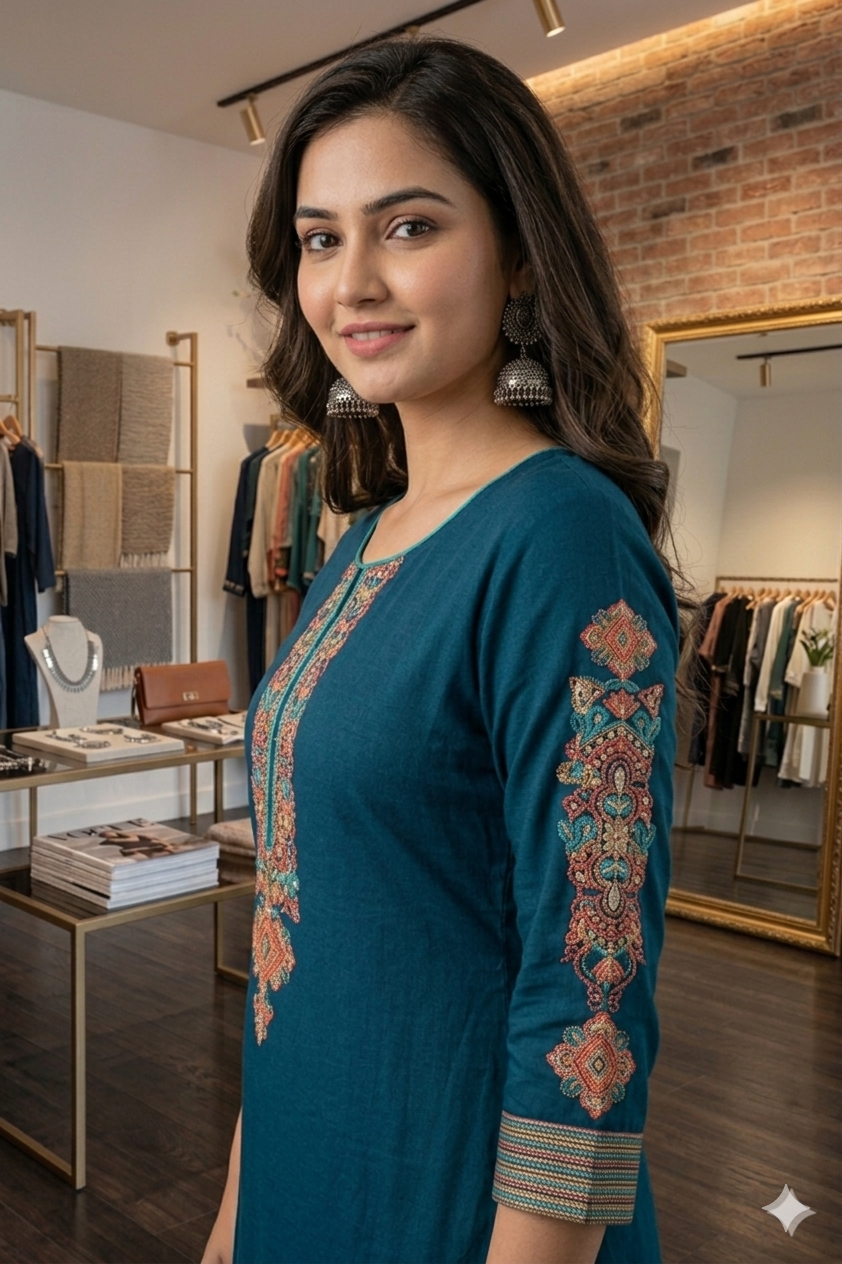 Teal Embroidered Kurta With Skirt