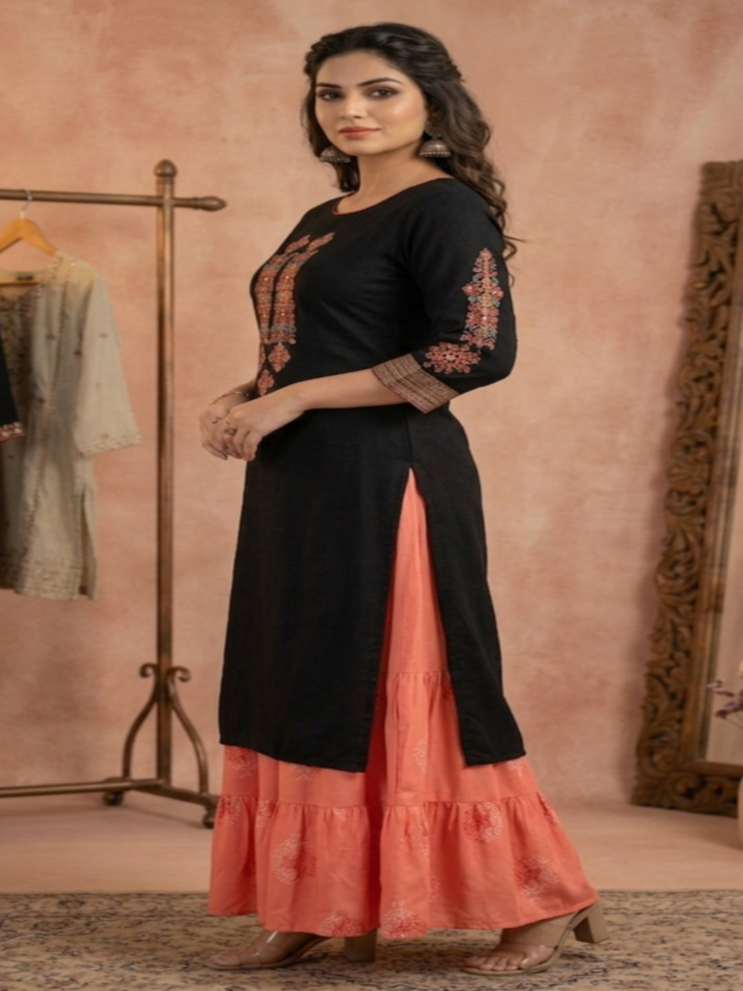 Black Embroidered Kurta With Skirt