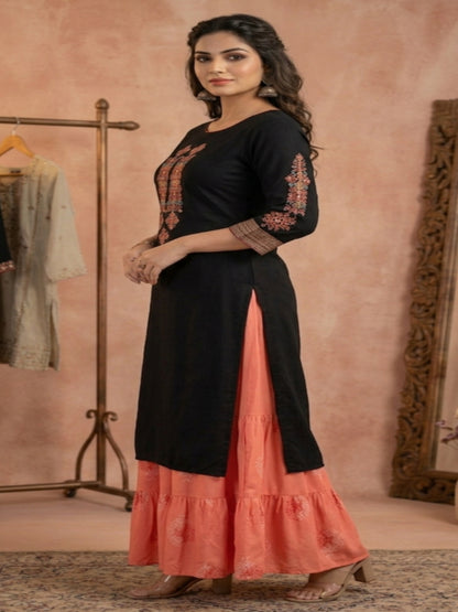 Black Embroidered Kurta With Skirt