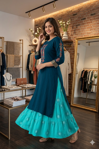 Teal Embroidered Kurta With Skirt
