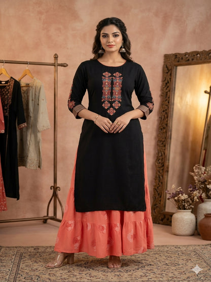 Black Embroidered Kurta With Skirt