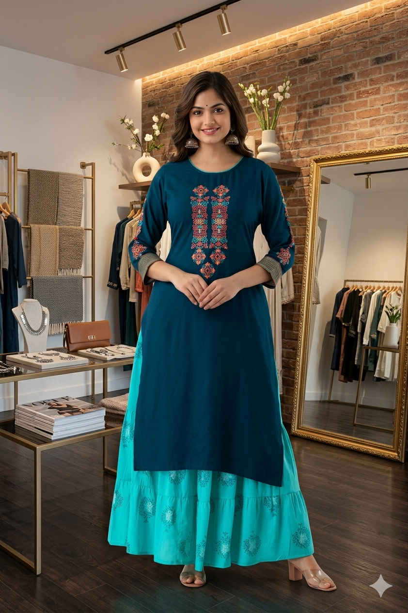 Teal Embroidered Kurta With Skirt
