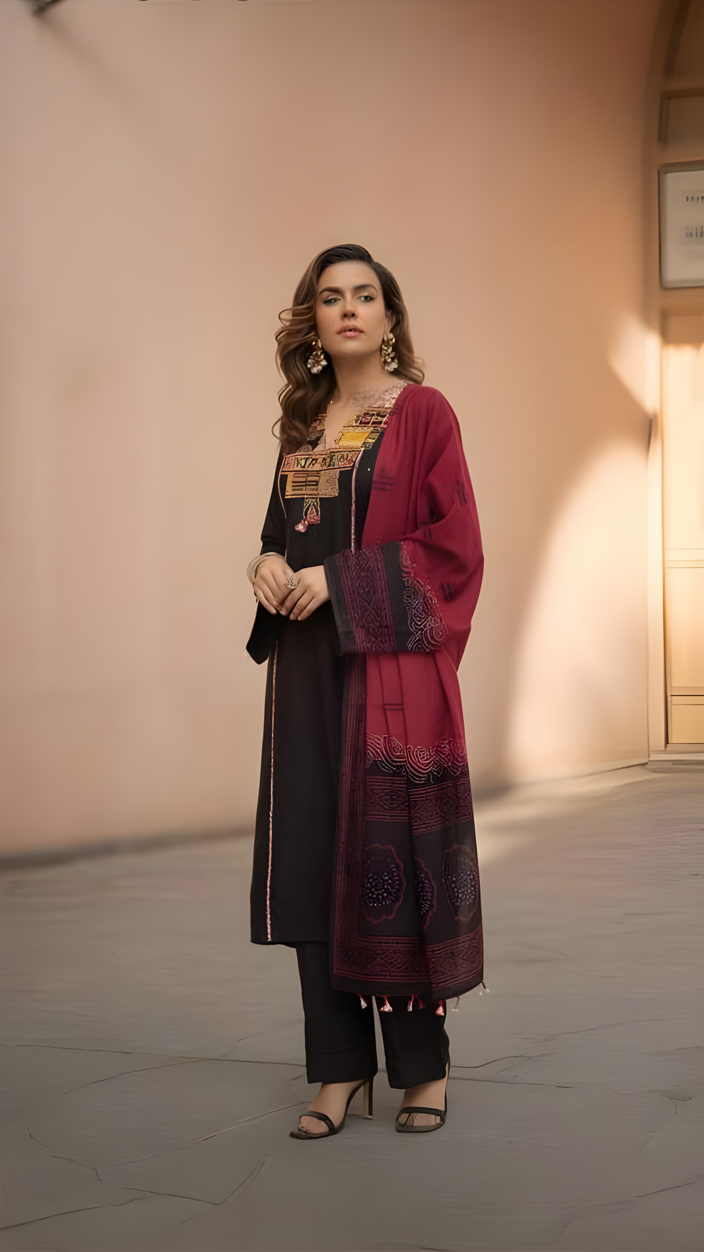 Stunning Black with Ajrakh printed Pure Cotton Detailing Kurta Set