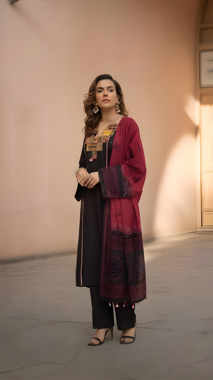 Stunning Black with Ajrakh printed Pure Cotton Detailing Kurta Set