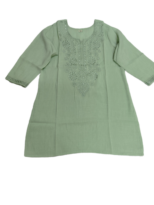 Linen Embroidered Green Short Kurti