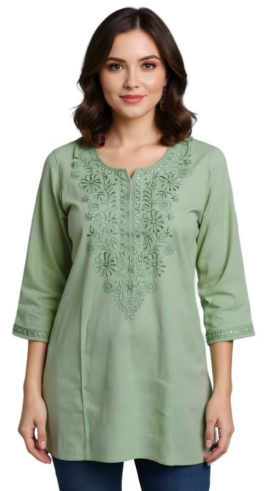 Linen Embroidered Green Short Kurti