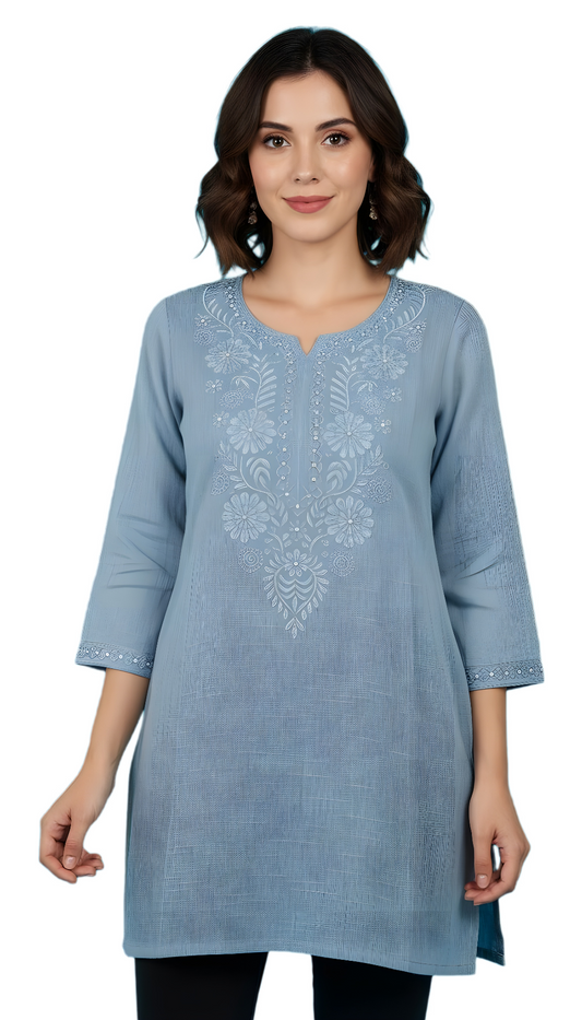 Linen Embroidered Powder Blue Short Kurti