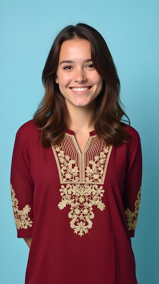 Linen Embroidered Mehroon Short Kurti