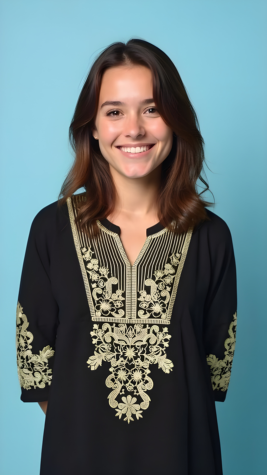 Linen Embroidered Black Short Kurti