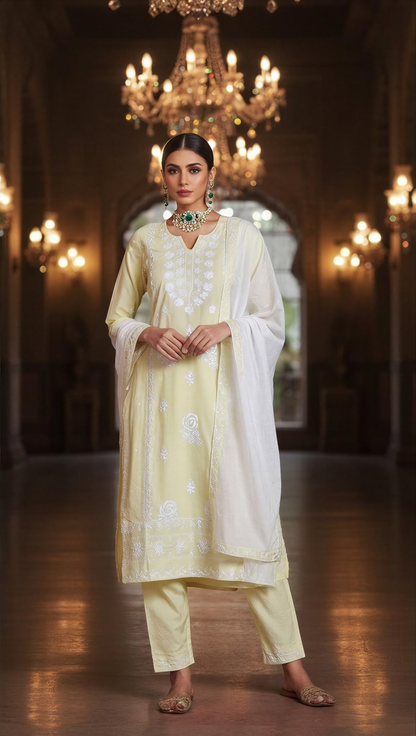 Beautiful  Cotton Yellow With white Embriodered Kurta Set