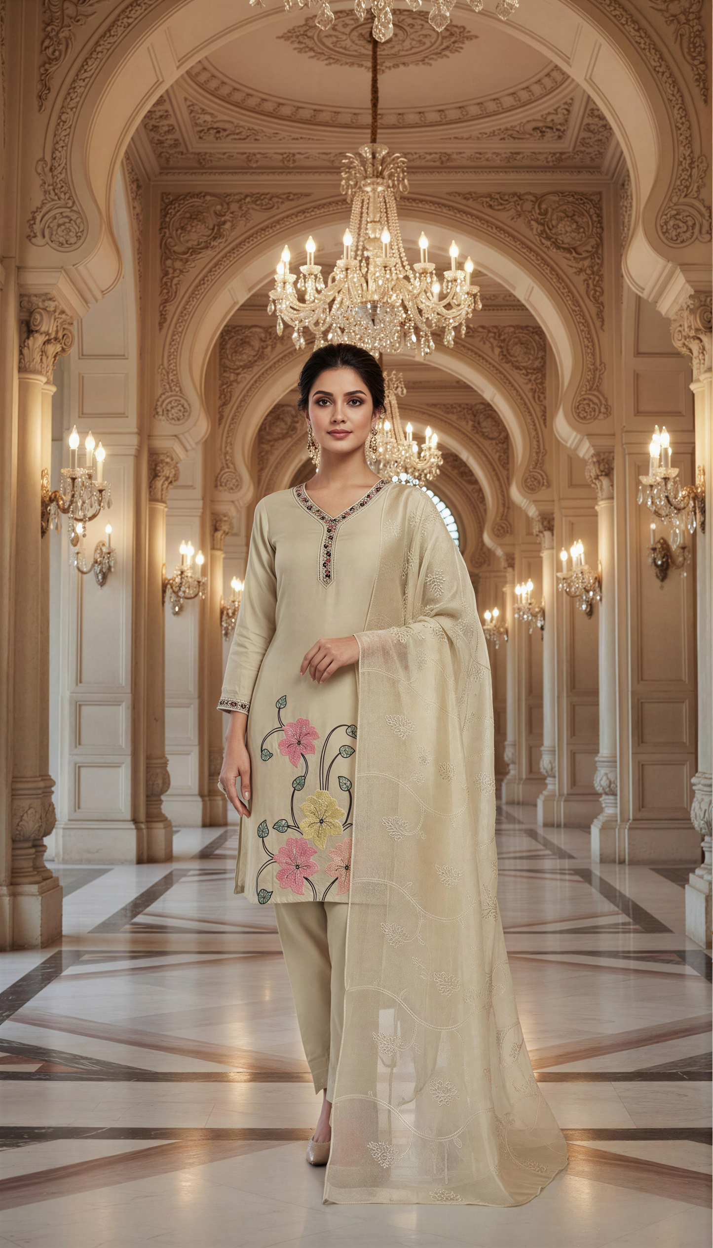 Beautiful Beige Cotton Embroidered Kurta Set