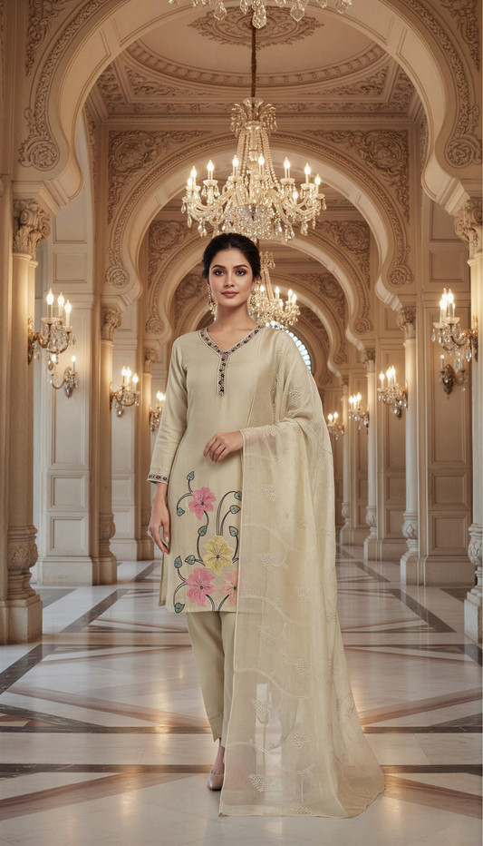 Beautiful Beige Cotton Embroidered Kurta Set
