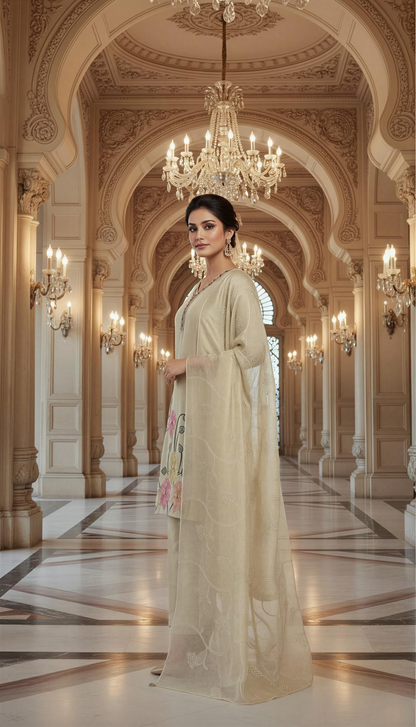 Beautiful Beige Cotton Embroidered Kurta Set