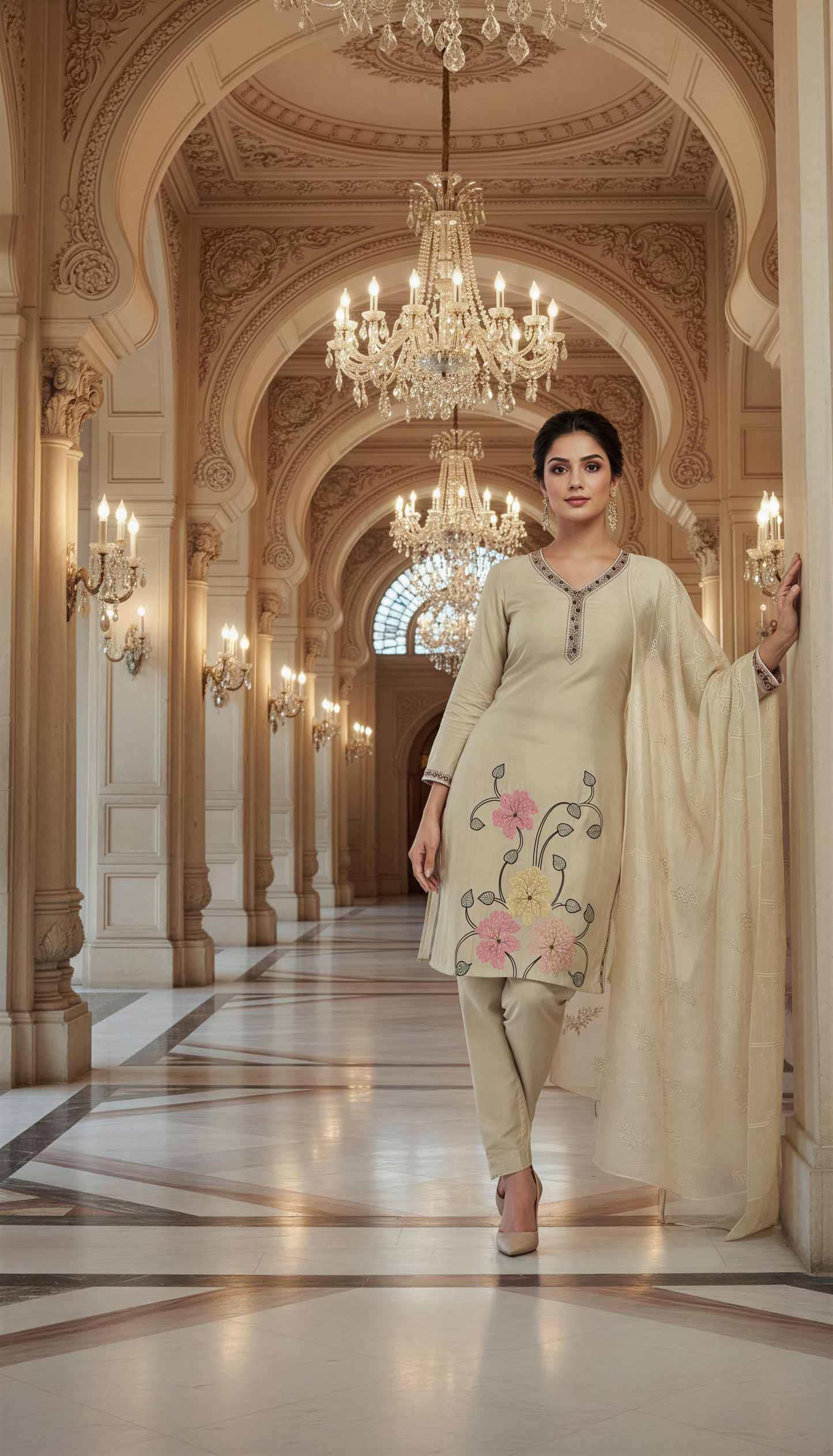Beautiful Beige Cotton Embroidered Kurta Set