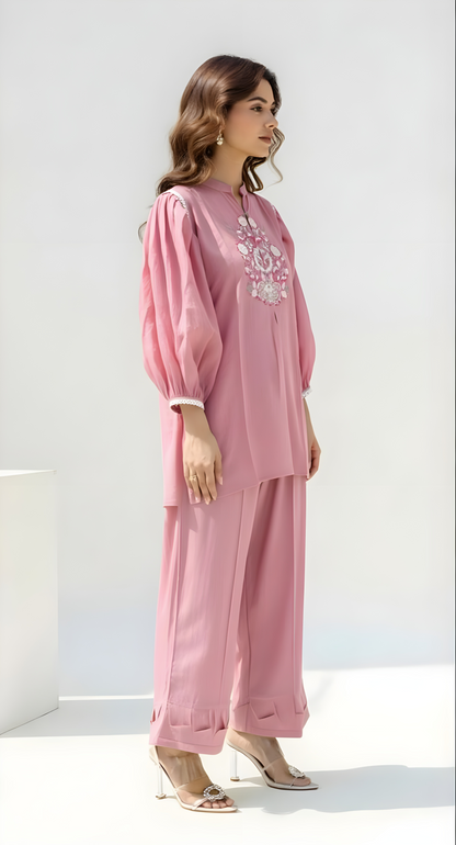 Pretty Pink Embriodered chiffon sleeves Co Ord Set