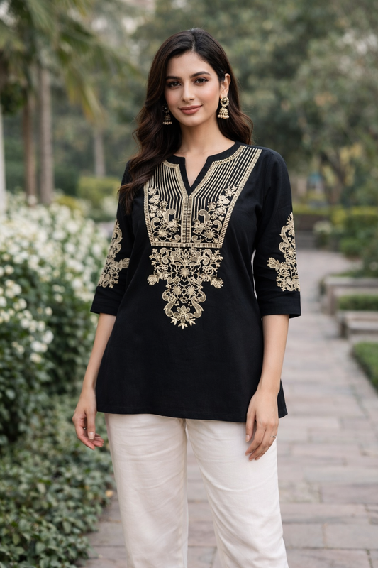 Linen Embroidered Black Short Kurti
