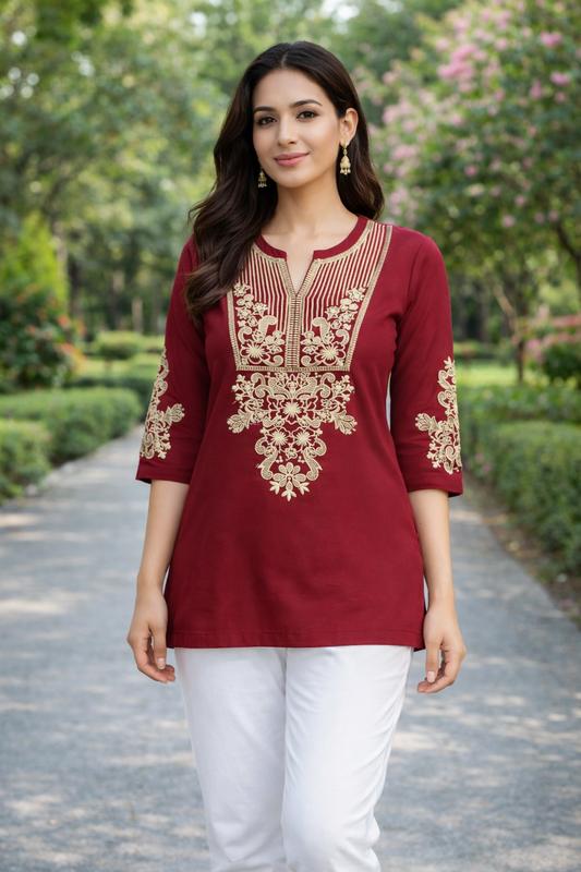 Linen Embroidered Mehroon Short Kurti